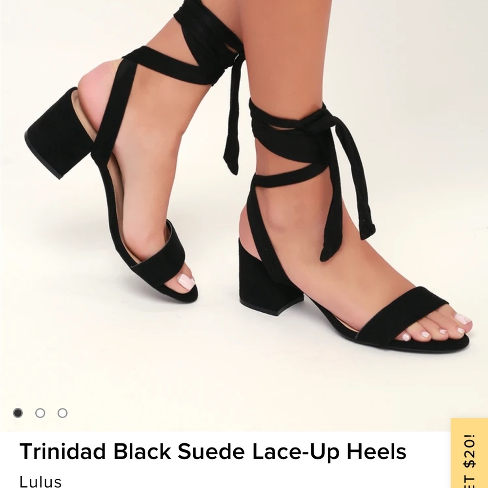 Lulu’s black suede Trinidad lace up heels
